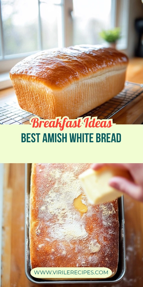 Freshly baked Amish white bread loaf with golden crust cooling near a sunny window, butter being spread on top.
