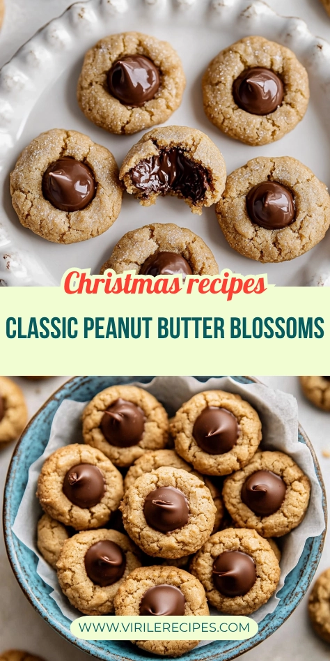 Vertical collage of Christmas peanut butter blossom cookies with melted chocolate and a bowl full of holiday treats.