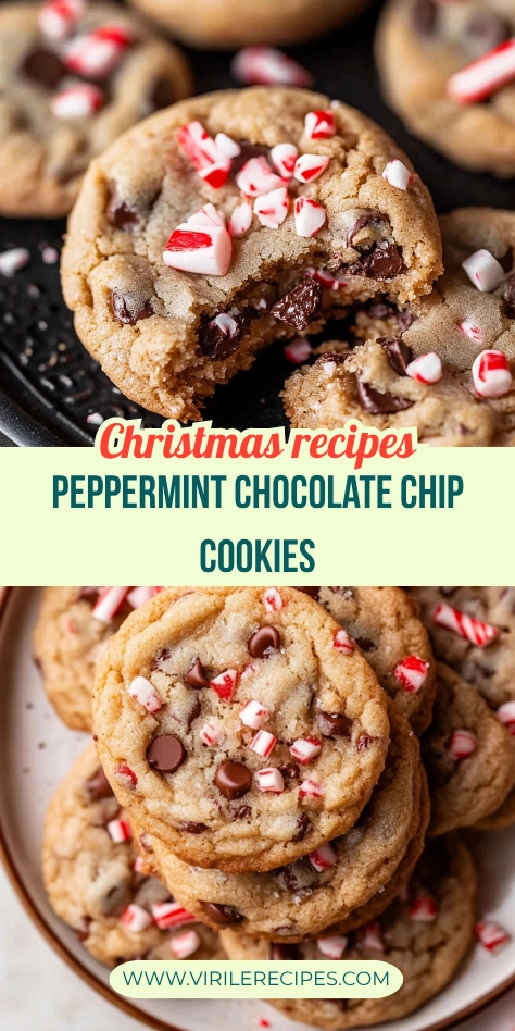 Soft and chewy peppermint chocolate chip cookies topped with crushed candy canes and melted chocolate chips on a holiday dessert plate.