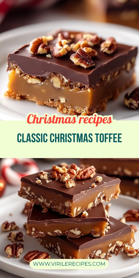 Pinterest collage of chocolate pecan toffee bars with layers of caramel and festive Christmas décor.