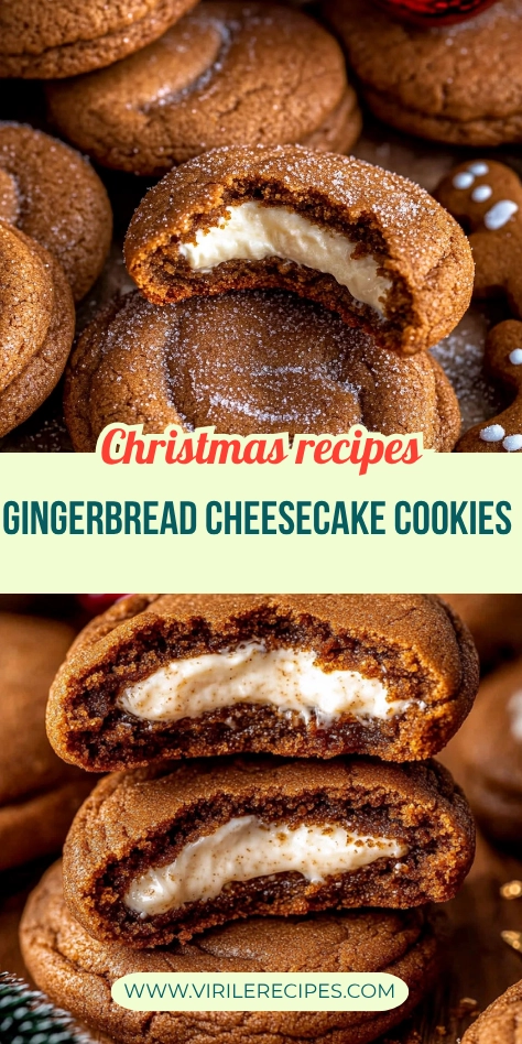Pinterest-style collage of gingerbread cheesecake cookies with creamy filling and festive background