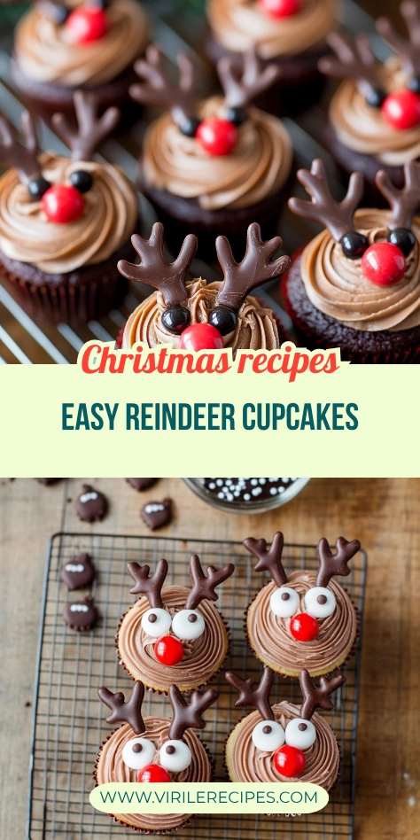 Christmas reindeer cupcakes decorated with chocolate frosting, candy eyes, red noses, and chocolate antlers.