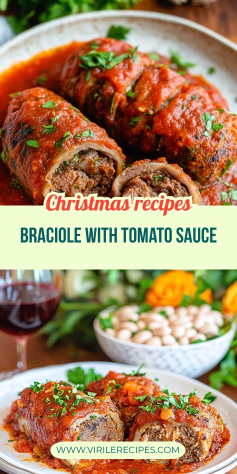 Holiday-style braciole with tomato sauce served on plates with white beans, red wine, and Christmas decor