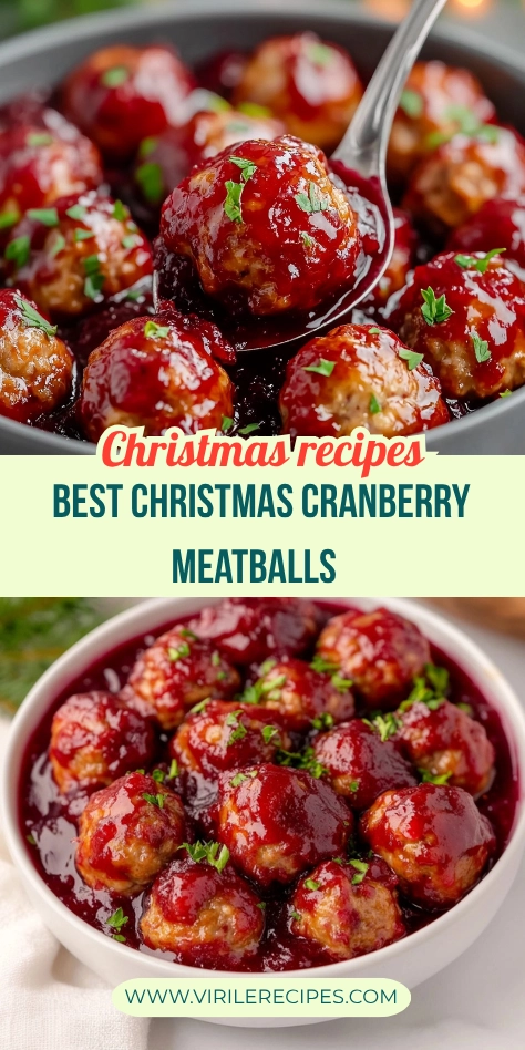 Pinterest collage showing cranberry glazed meatballs in a festive setting, including a spoonful and a holiday bowl presentation.