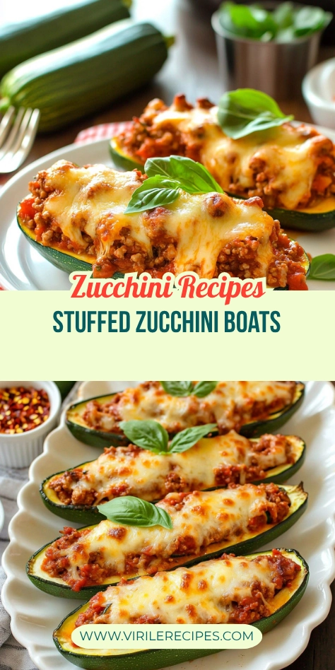 Pinterest-style collage of baked stuffed zucchini boats with meat and cheese, garnished with fresh basil.