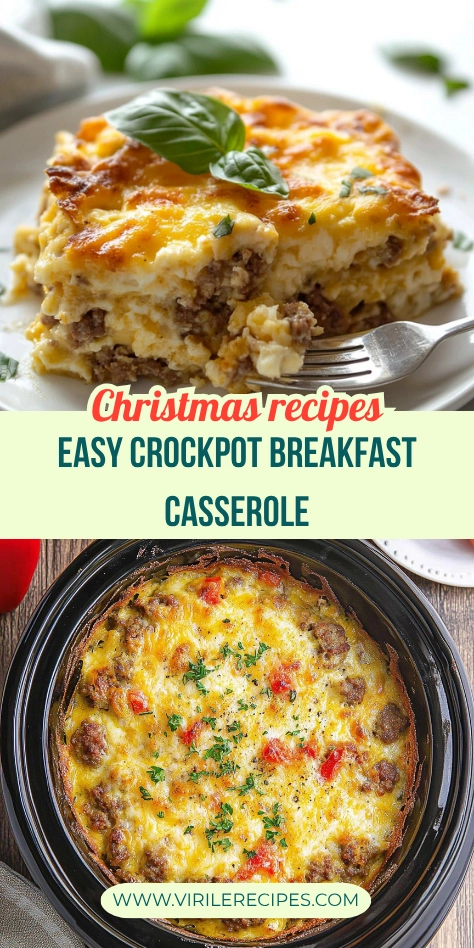 A holiday collage of two images showing a slice of breakfast casserole with sausage on a plate and a slow-cooked casserole in a crockpot, with Christmas recipe text in between.