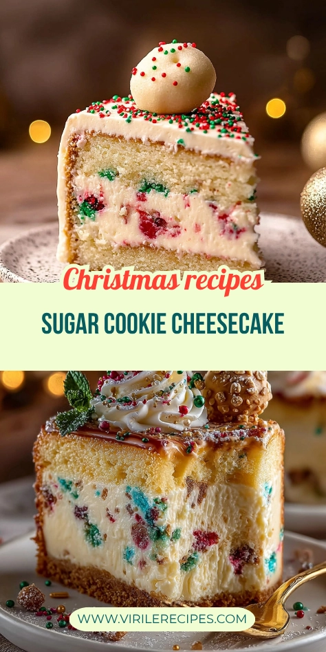 A Christmas-themed sugar cookie cheesecake with vibrant sprinkles, whipped cream, and doughy ball decorations, served as a slice and the whole cake, both showing creamy layers.