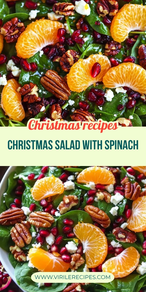 A festive Christmas salad with fresh spinach, mandarin slices, pomegranate seeds, candied pecans, and feta cheese, perfect for holiday gatherings, featuring vibrant colors and a holiday-inspired setting.