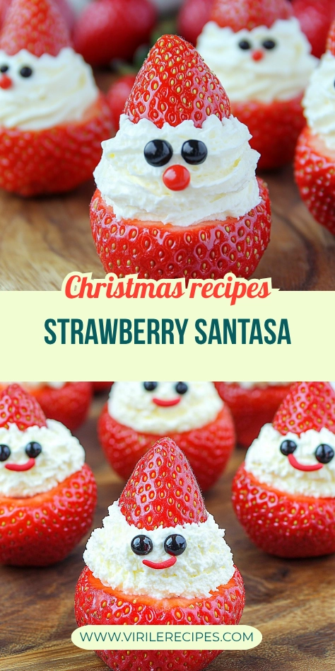 Cute Strawberry Santas with whipped cream faces and black eyes, perfect for a Christmas holiday treat.