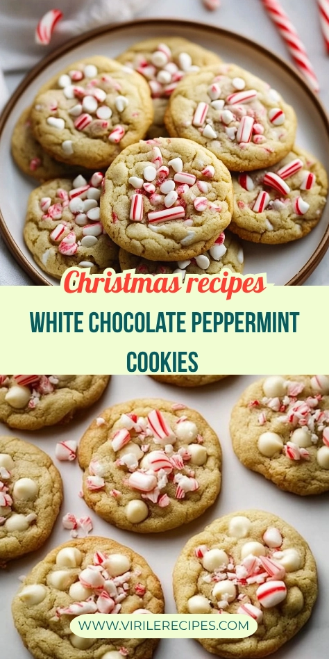 Festive close-up of soft white chocolate peppermint cookies topped with crushed candy canes, arranged on a plate with candy canes in the background.