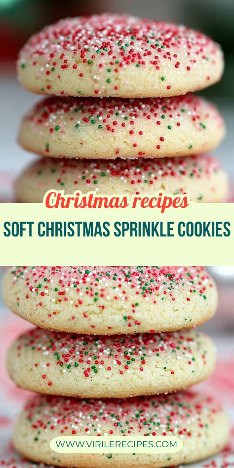 Close-up of three soft Christmas sprinkle cookies stacked with red and green sprinkles on a festive sprinkle-covered surface.