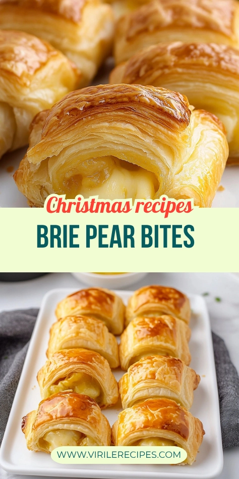 Golden brie and pear puff pastry bites arranged on a white plate for Christmas.