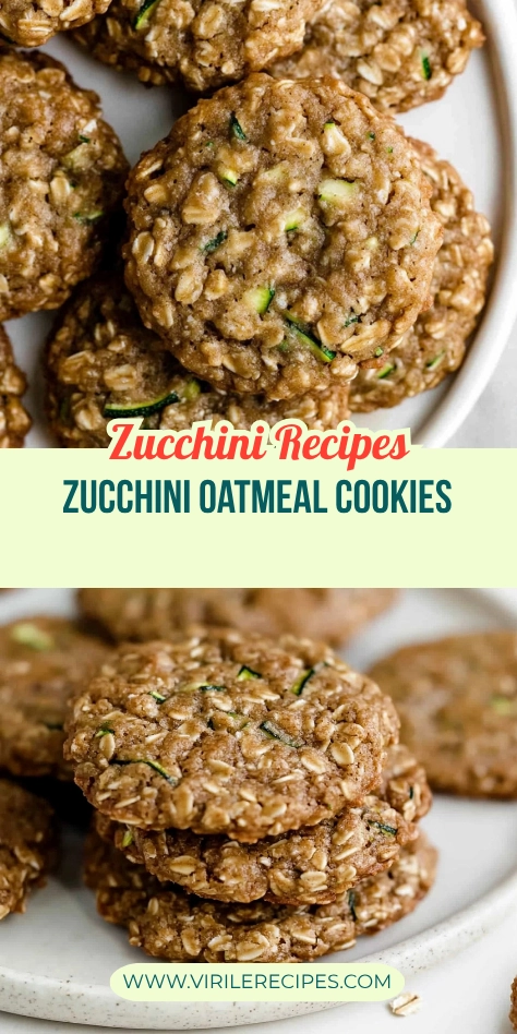 Pinterest collage of soft zucchini oatmeal cookies with text overlay and stacked cookies on a white plate