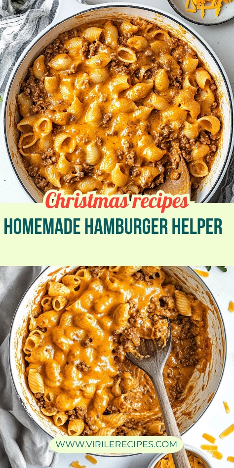 Overhead skillet shots of homemade hamburger helper with cheesy pasta shells and ground beef.