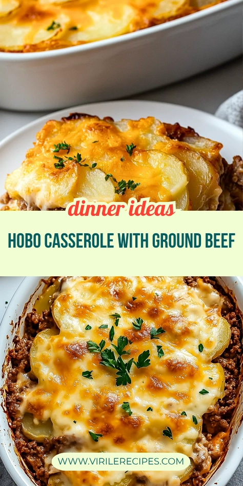 Split image of cheesy hobo casserole with ground beef and potatoes, topped with melted cheese and parsley.