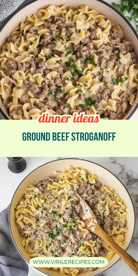 Overhead shots of ground beef stroganoff with parsley garnish in a rustic skillet.