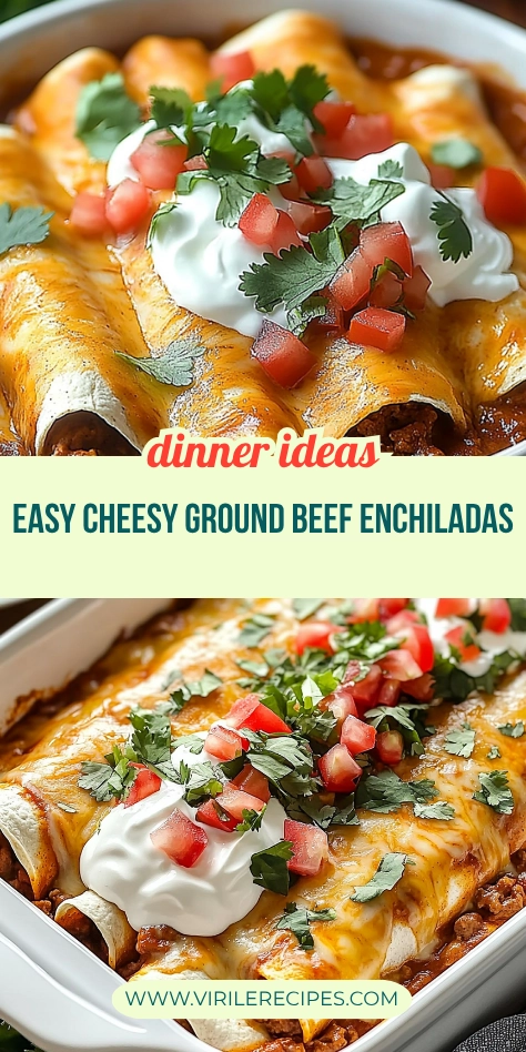 Two-photo collage of cheesy ground beef enchiladas topped with sour cream, diced tomatoes, and fresh cilantro.