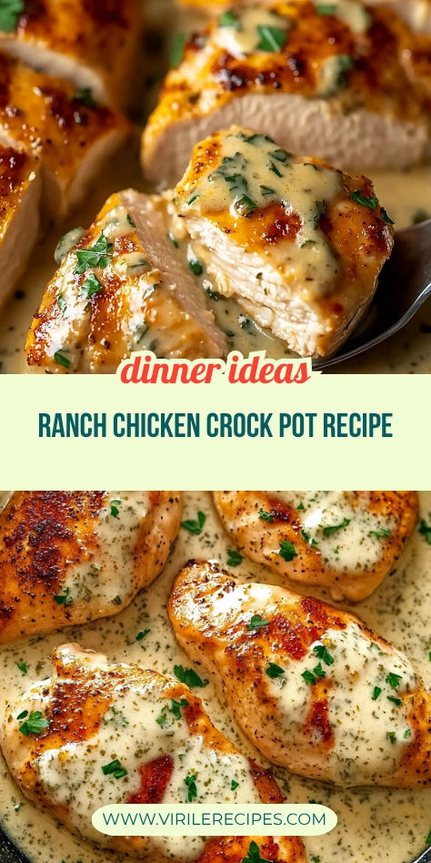 Golden-brown crock pot chicken breasts topped with creamy ranch herb sauce and parsley.