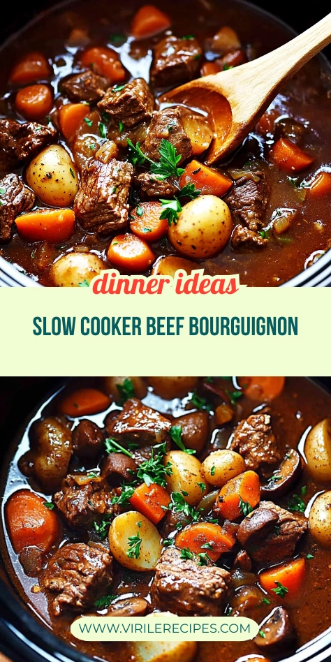 Slow cooker beef bourguignon with potatoes, carrots, mushrooms, and fresh parsley in rich wine gravy