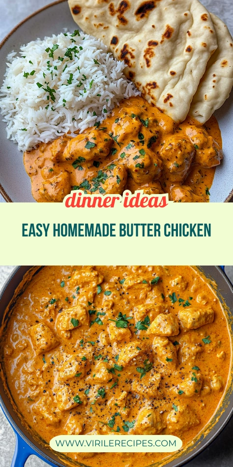 Two-panel image of homemade butter chicken served with rice and naan bread, and a skillet of curry.