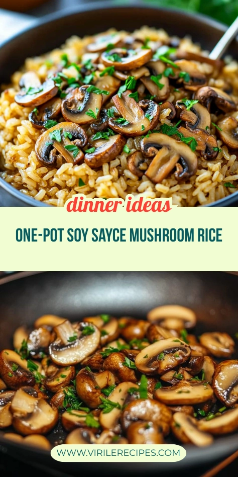 One-pot soy sauce mushroom rice topped with fresh parsley in a rustic bowl.