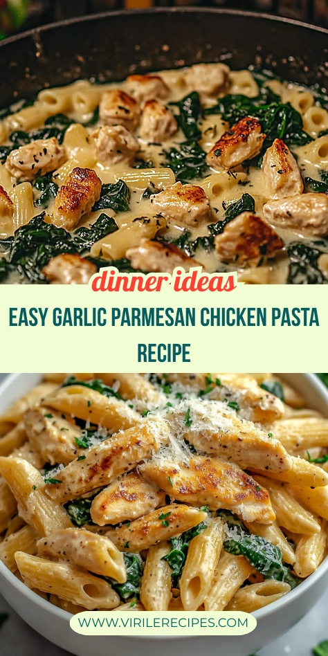 Creamy garlic parmesan chicken pasta with spinach and seared chicken in a rich parmesan sauce served in a bowl and skillet.