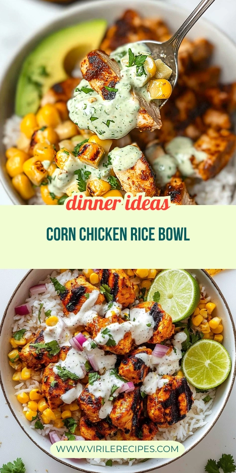 Corn chicken rice bowl collage with grilled chicken, corn, avocado, and cilantro lime sauce