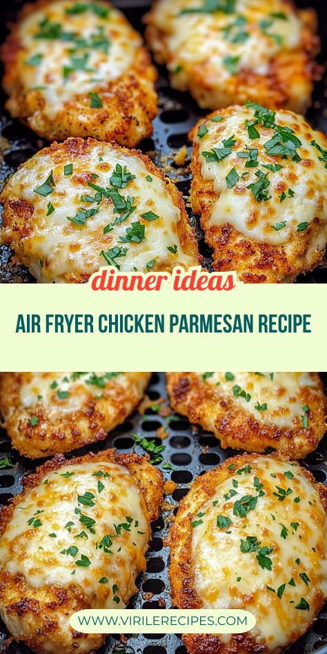 Vertical collage of air fryer chicken parmesan with melted cheese and parsley in air fryer tray