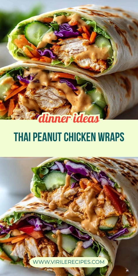 Stacked close-up images of Thai peanut chicken wraps with vibrant vegetables and peanut sauce, styled for a food blog or Pinterest pin.