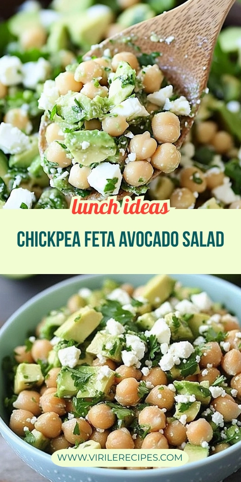 Pinterest-style collage of chickpea, feta, and avocado salad with spoon close-up and bowl view, labeled “Lunch Ideas.”