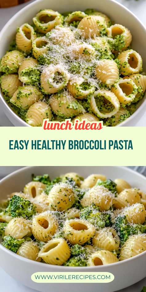 Pinterest pin featuring two images of creamy broccoli shell pasta in white bowls with parmesan