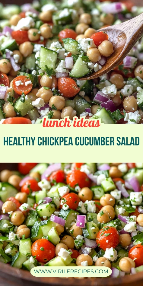 Close-up of healthy chickpea cucumber salad with cucumbers, tomatoes, red onions, parsley, and feta in a wooden bowl.