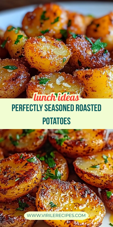 Two-panel collage showing crispy garlic and herb roasted baby potatoes with parsley on a white plate.