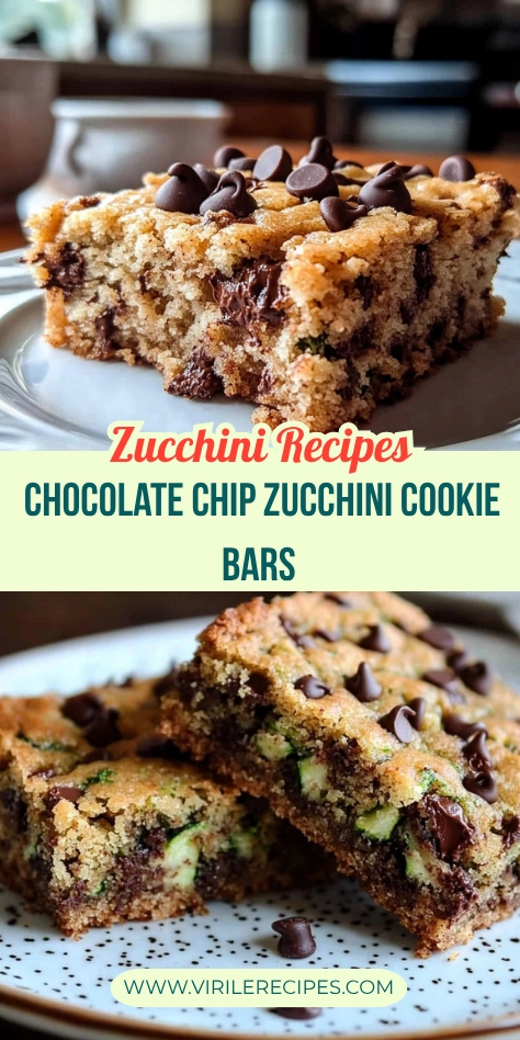 Pinterest-style collage of gooey chocolate chip zucchini cookie bars on plates, featuring close-up textures and chocolate chips