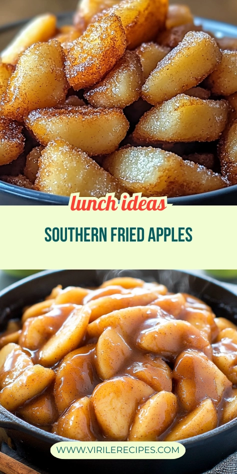 Split image of cinnamon-sugar coated Southern fried apples and brown sugar glazed apples.