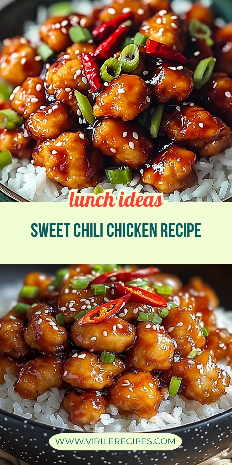Pinterest pin showing sweet chili chicken in glossy sauce with sesame seeds, red chili, and green onions over white rice.