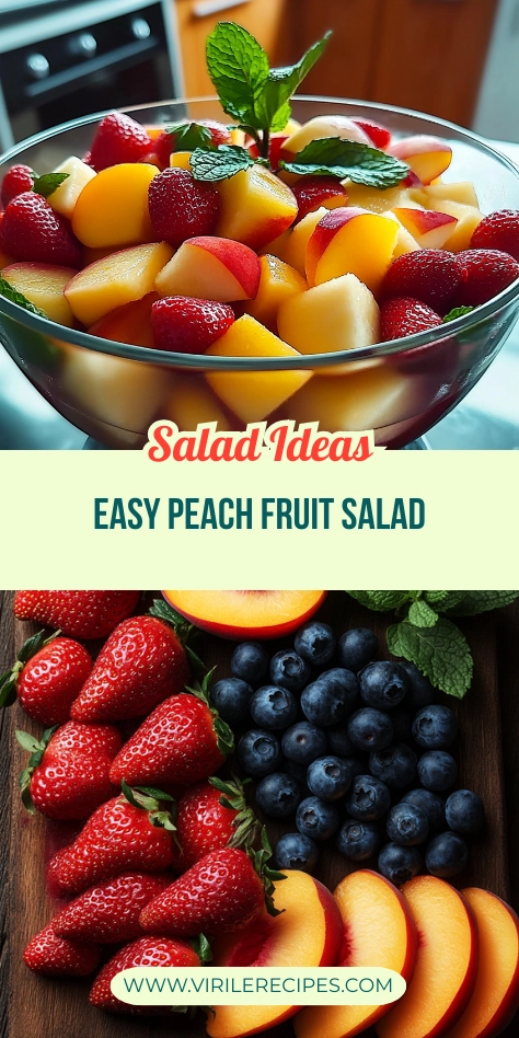 Peach fruit salad in a glass bowl and a rustic fruit board with blueberries, strawberries, and peach slices.