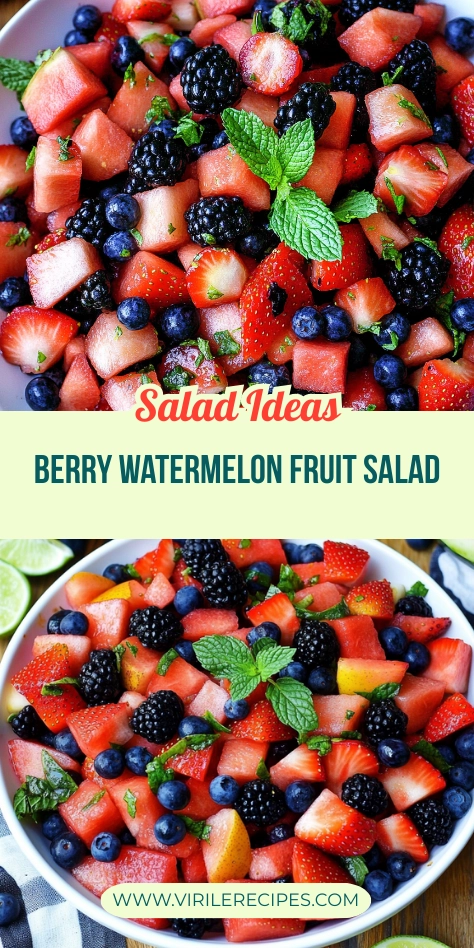 Top-down view of a vibrant berry watermelon fruit salad with strawberries, blackberries, blueberries, and mint in a white bowl.