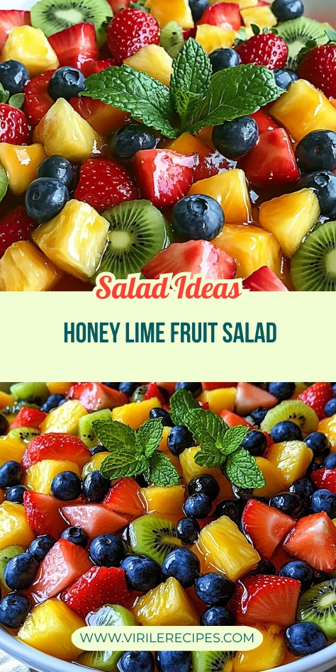 Honey lime fruit salad in a white bowl with fresh strawberries, pineapple, kiwi, blueberries, and mint, styled for Pinterest.