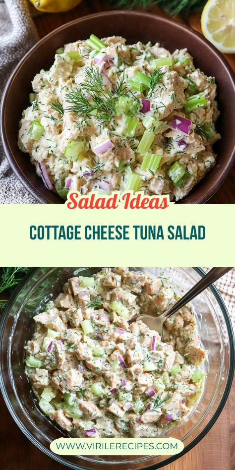 Two bowls of cottage cheese tuna salad with celery, red onions, and dill—one in a brown bowl and one in a glass bowl.