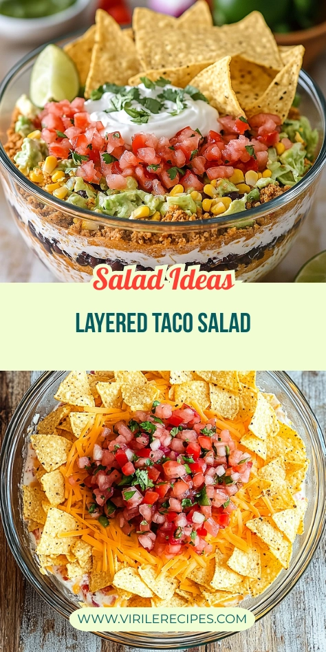 Side-by-side images of layered taco salads with toppings like cheddar, pico de gallo, guacamole, and tortilla chips.