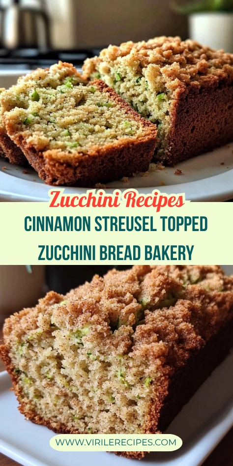 Cinnamon streusel-topped zucchini bread sliced and served on a white plate in a cozy kitchen setting.