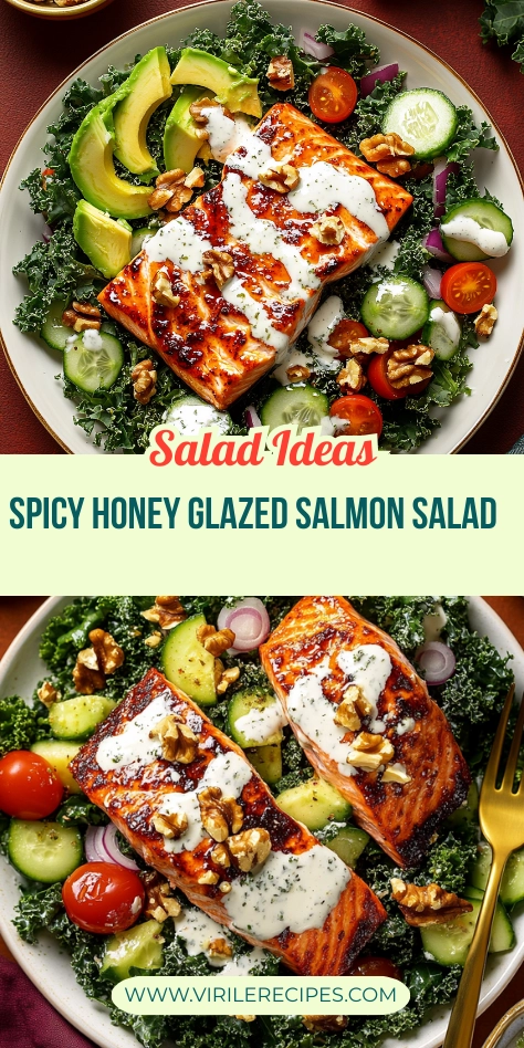 Pinterest collage of spicy honey glazed salmon salad with avocado, kale, cucumbers, walnuts, and creamy dressing.