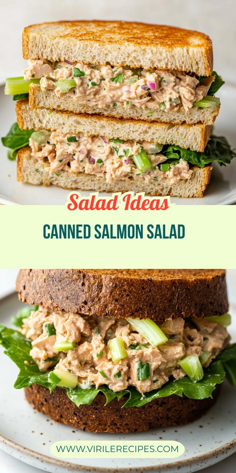 Collage of two canned salmon salad sandwiches—one on toasted white bread, one on rye—with crisp lettuce and creamy filling.