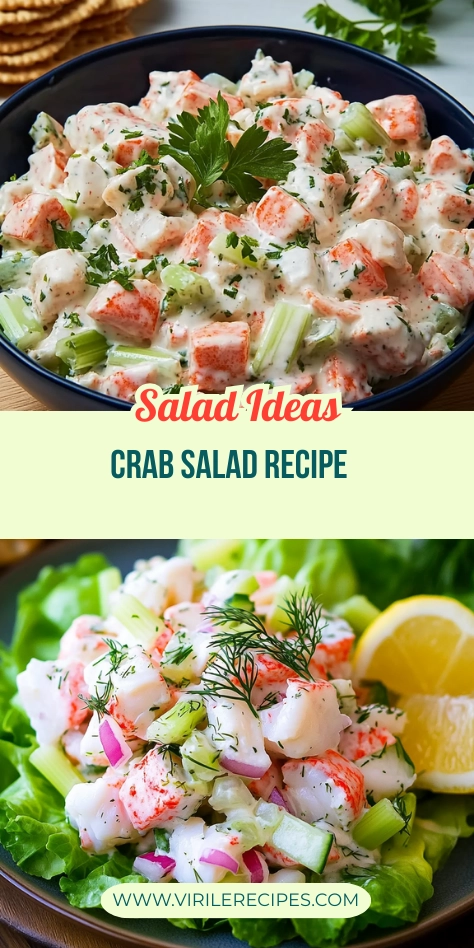 Two styles of creamy crab salad shown in a recipe collage: classic bowl and lettuce wrap versions