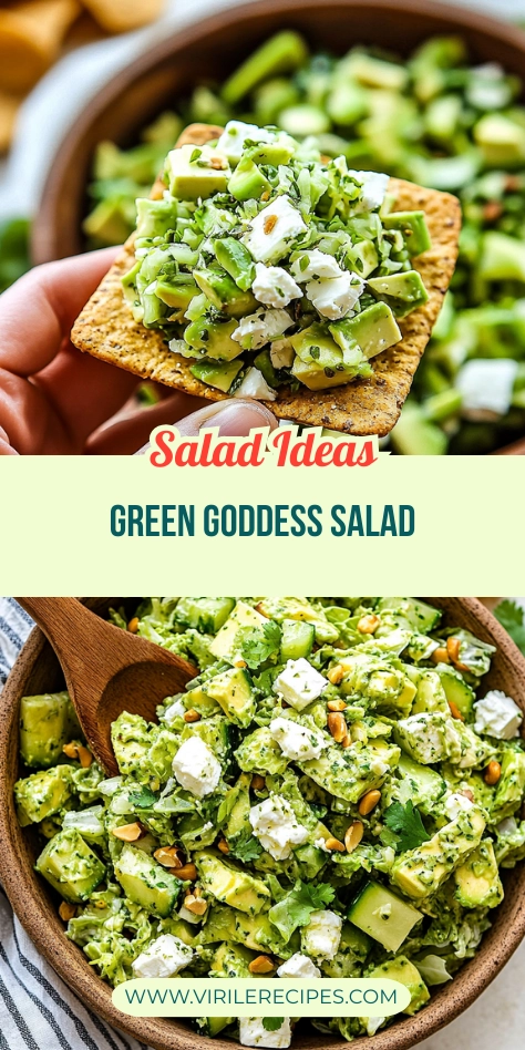 Green goddess salad served on a cracker and in a bowl with feta, avocado, and pine nuts