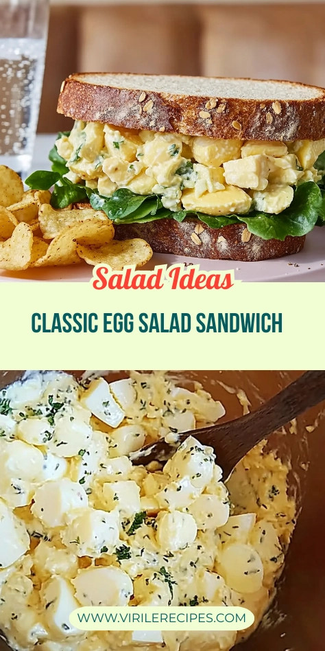 Vertical food collage with egg salad sandwich and a bowl of creamy egg salad mixture