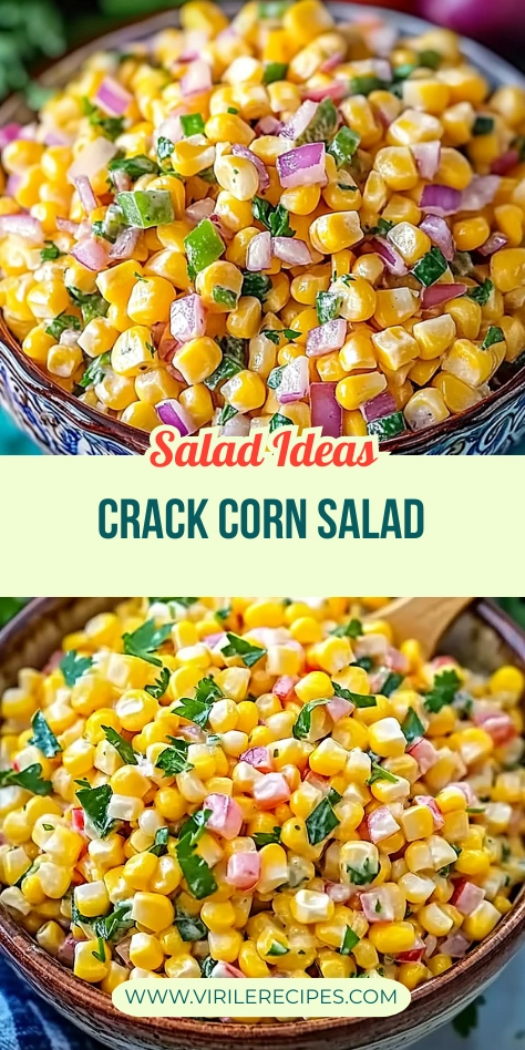 Creamy crack corn salad with onions, peppers, and cilantro in a patterned bowl