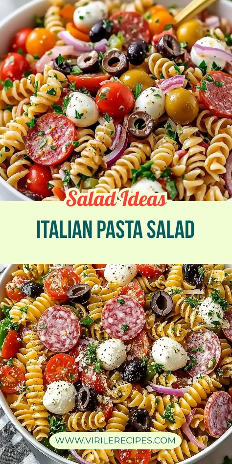 Collage of Italian pasta salad bowls with rotini, cherry tomatoes, mozzarella balls, olives, red onions, and salami, perfect for summer recipes.