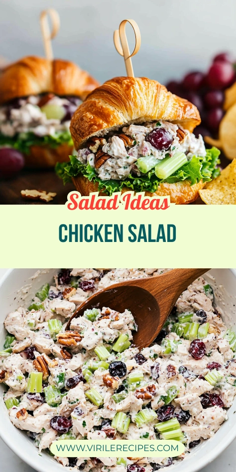 Vertical collage of chicken salad sandwich and a bowl of mixed chicken salad with celery and cranberries.